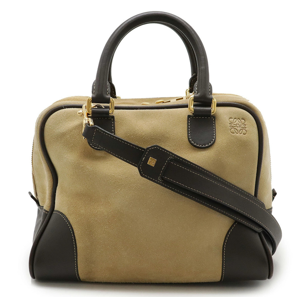 Loewe Amazona Handbag Boston Bag Suede Leather Beige Cream Dark Brown